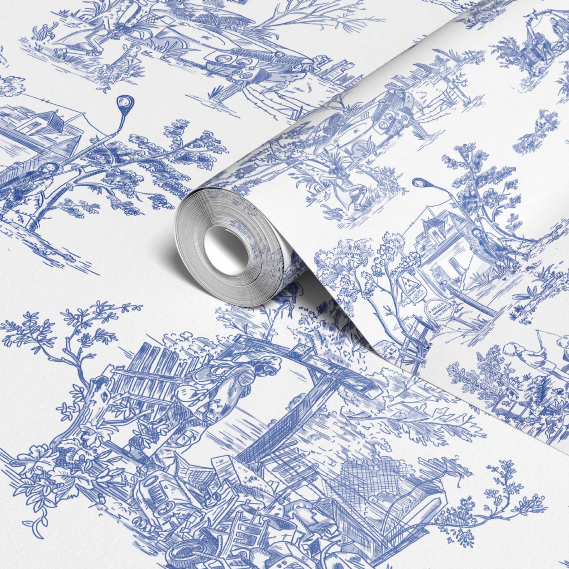 Apocalypse Toile Wallpaper by XAWD is a traditional Delftware toile pattern that shows how beautiful an apocalypse can be.