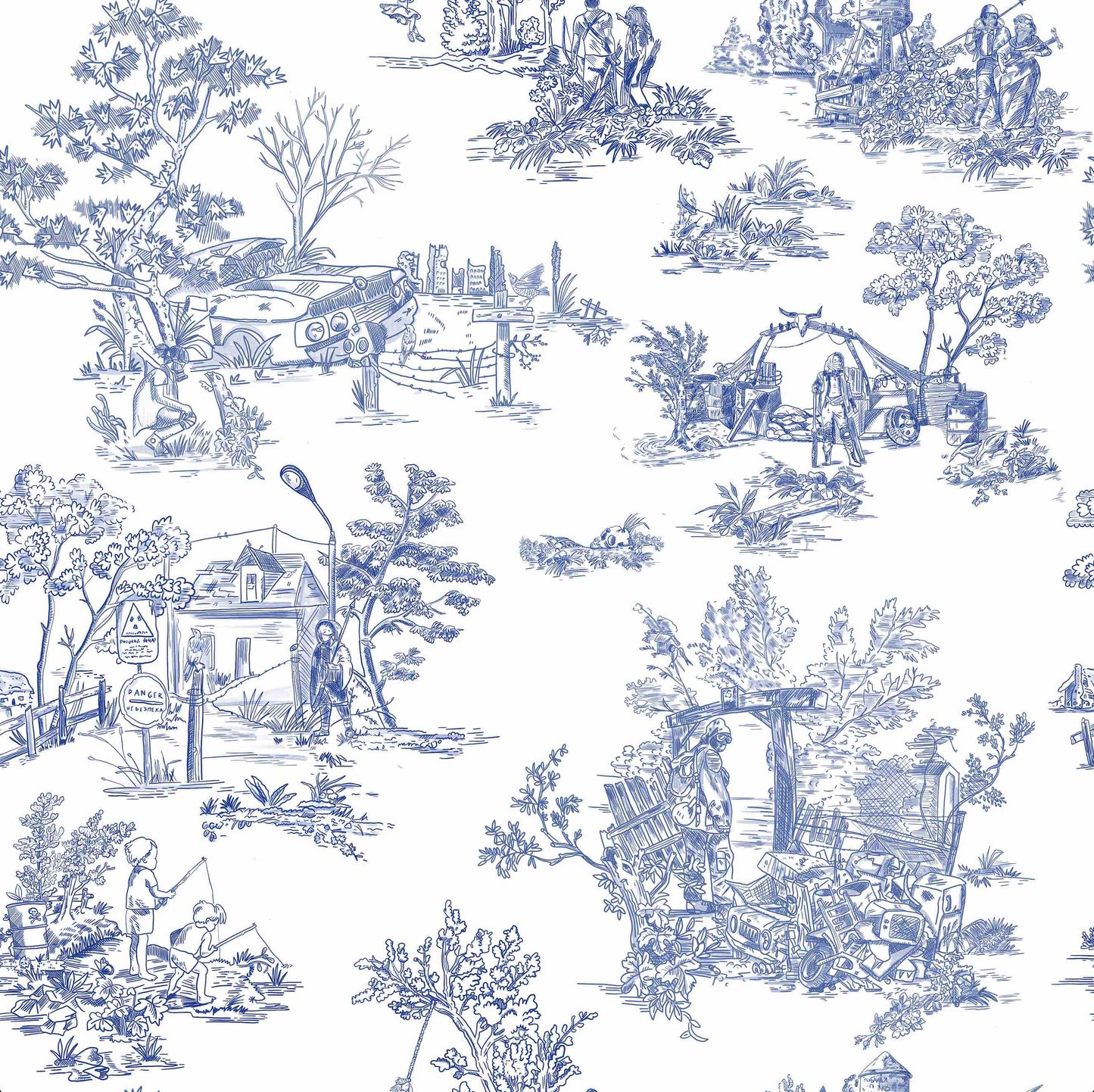 Apocalypse Toile Wallpaper by XAWD is a traditional Delftware toile pattern that shows how beautiful an apocalypse can be.