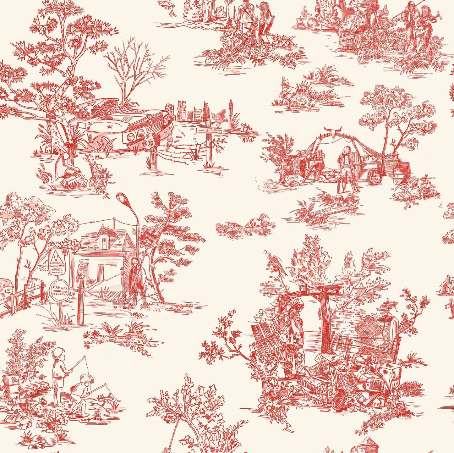 Apocalypse Toile Wallpaper by XAWD is a traditional Delftware toile pattern that shows how beautiful an apocalypse can be.