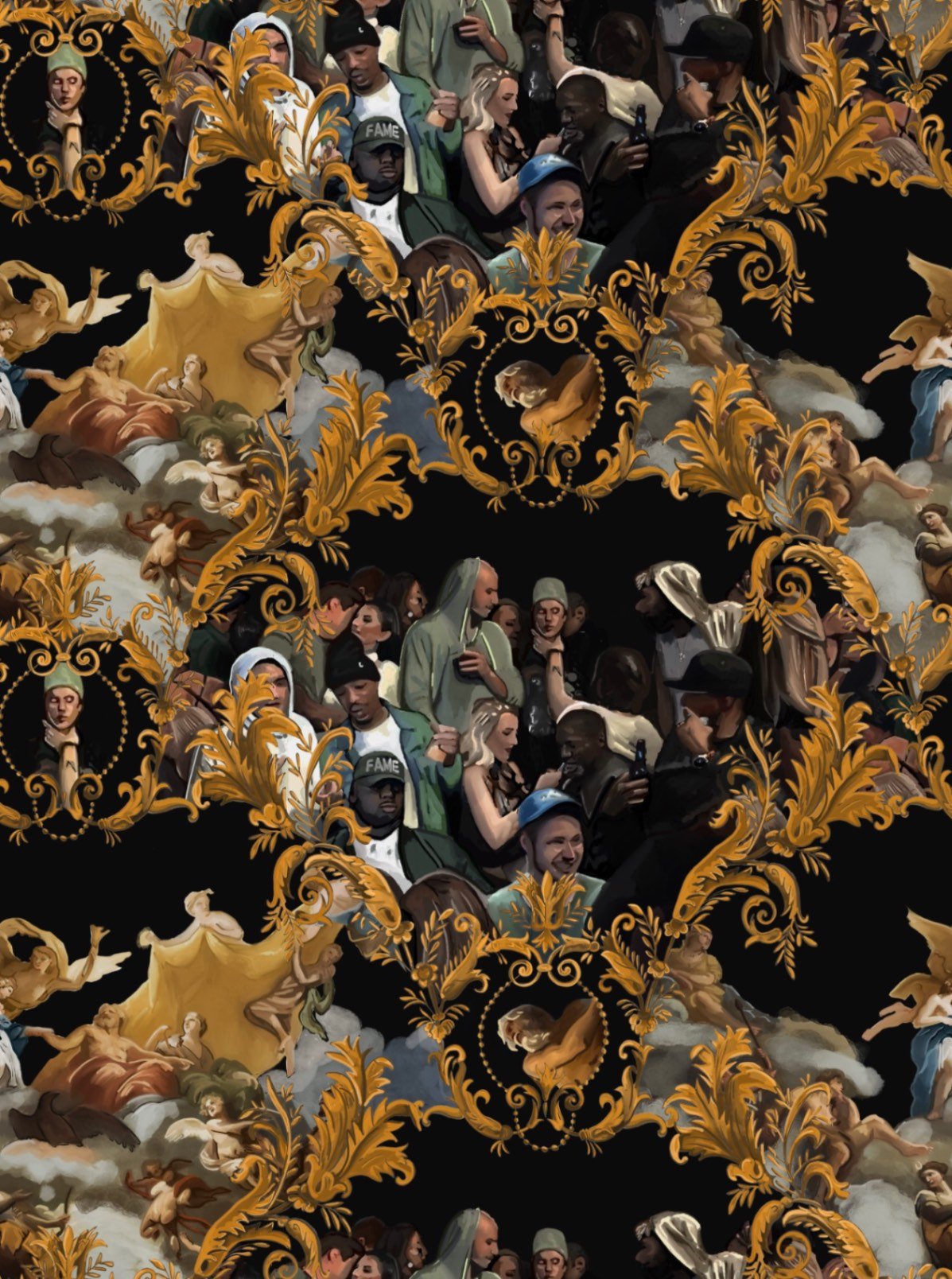 God Save the Biebs Wallpaper by XAWD is just a traditional pattern with angels, clouds, and Post Malone choking Just Bieber.