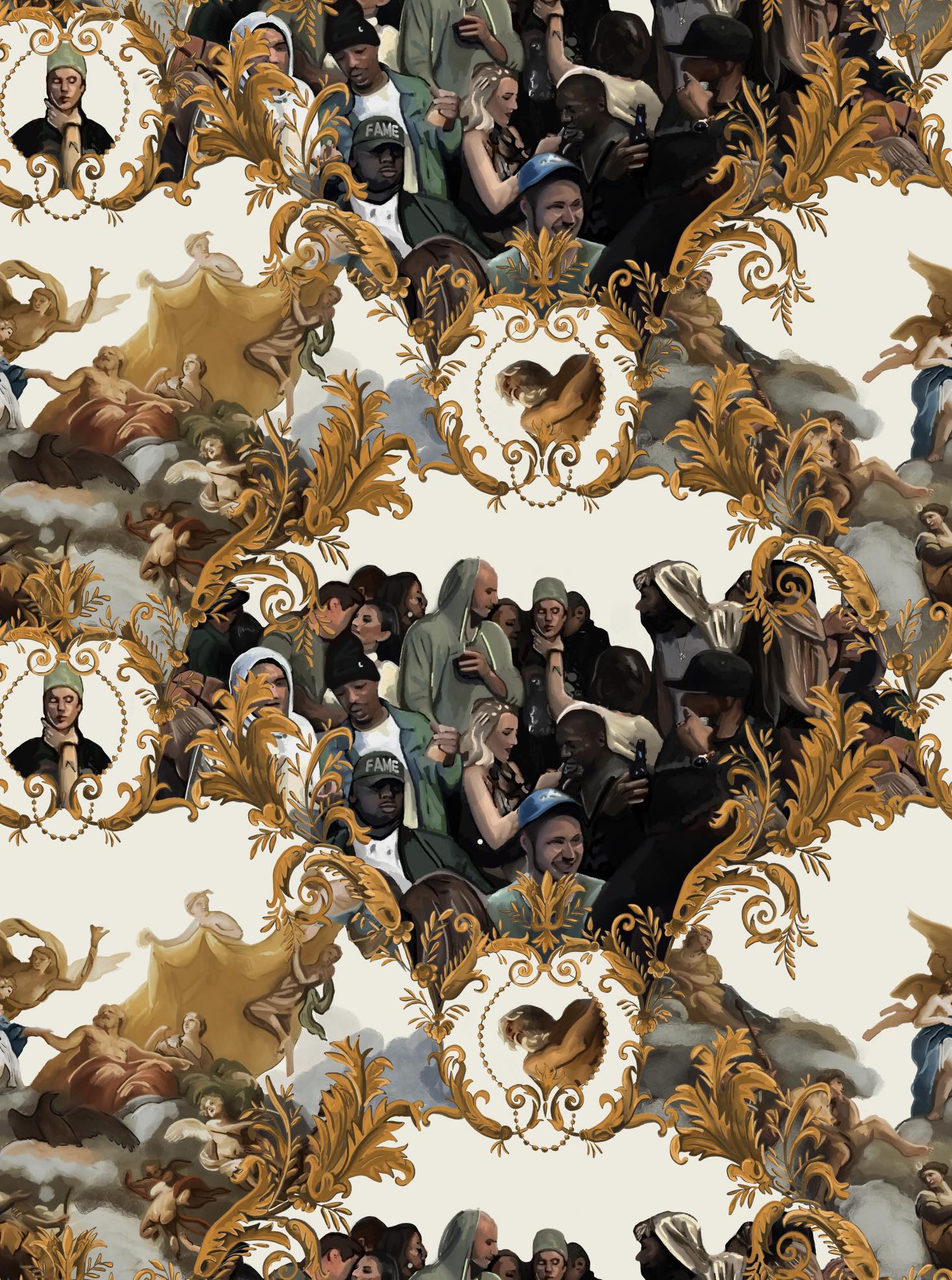 God Save the Biebs Wallpaper by XAWD is just a traditional pattern with angels, clouds, and Post Malone choking Just Bieber.