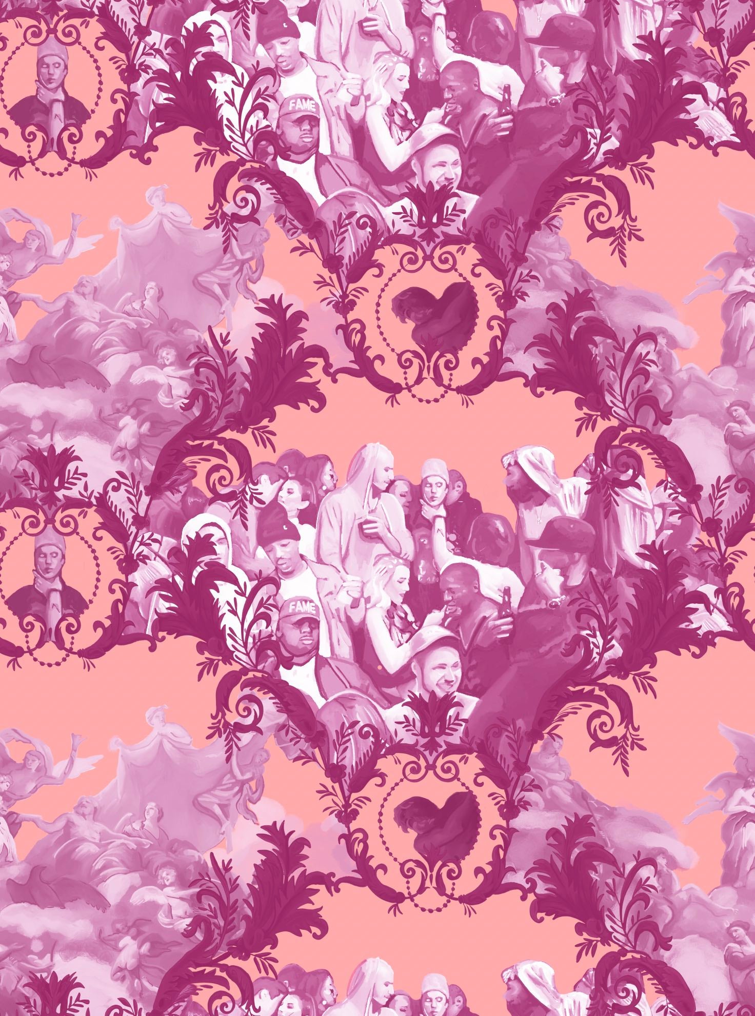 God Save the Biebs Wallpaper by XAWD is just a traditional pattern with angels, clouds, and Post Malone choking Just Bieber.